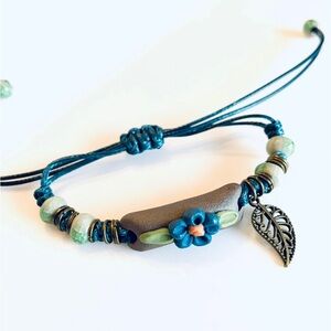 Stone Macrame Bracelet Clay focal bead Blue Flower Green Adjustable